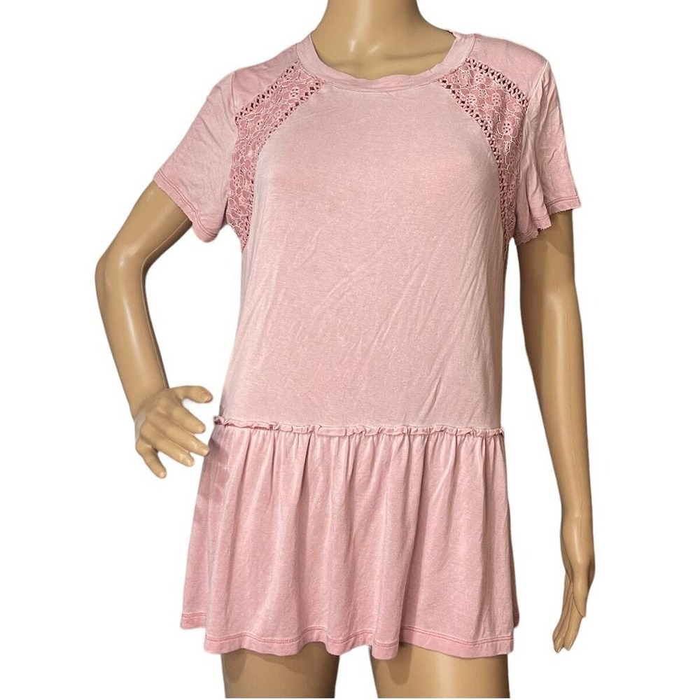 ARTESIA Womens Tunic Length Tee Shirt Top Small Pink Lace Embellishment Ruffled